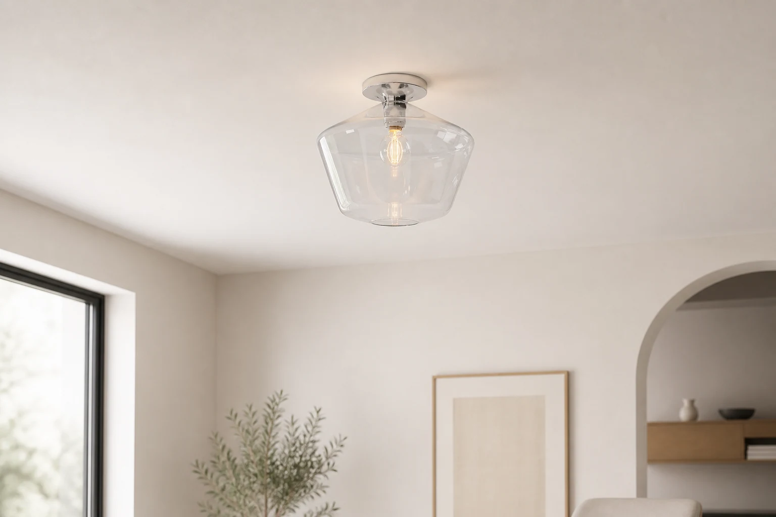 Lampa do montażu podtynkowego Merin ze szkła geometrycznego w scenie pokoju lifestylowego