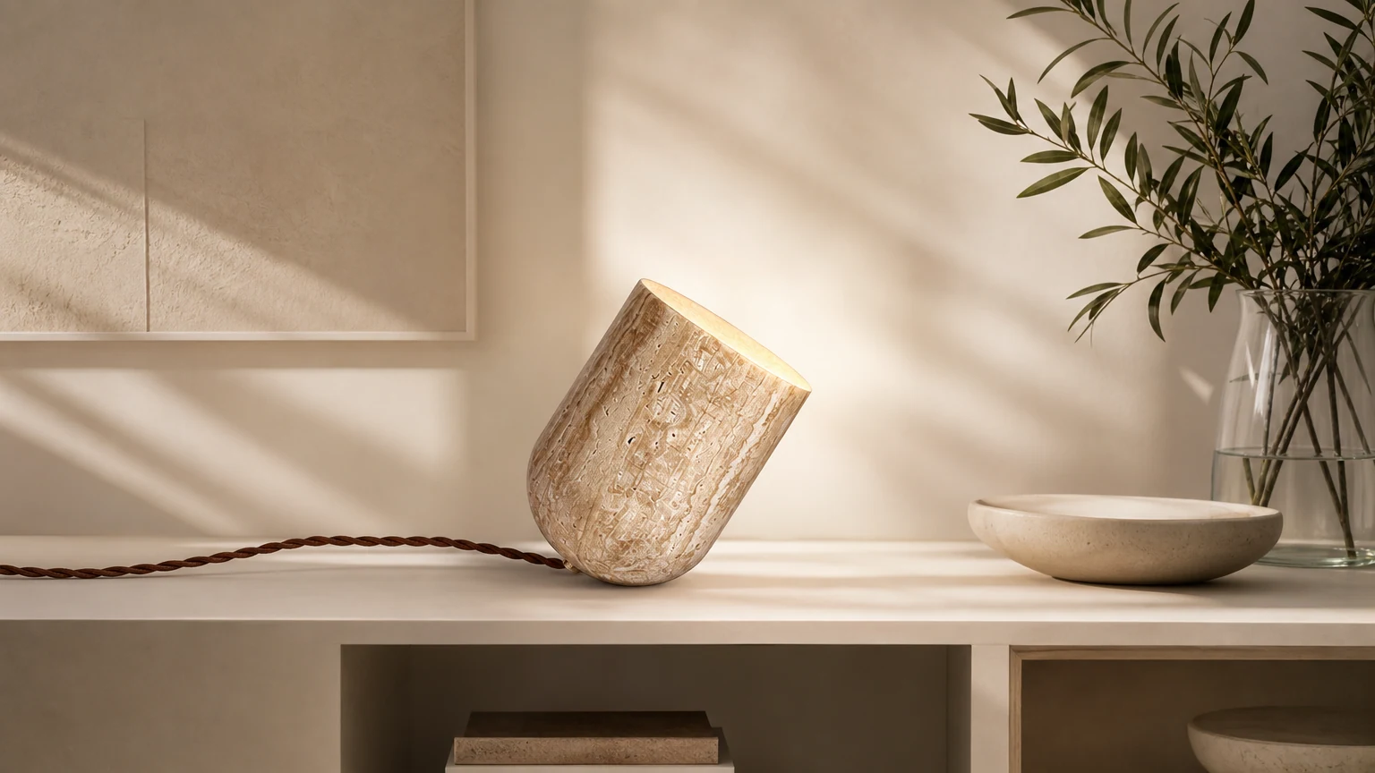 Amidori Trawertynowa lampa stołowa D893 w ciepłej scenie na blacie