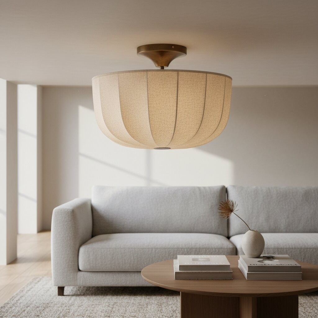 Loomis Flush Ceiling Lamp - Textured Linen Shade Aged Brass Modern Ceiling Light for Living Rooms T480