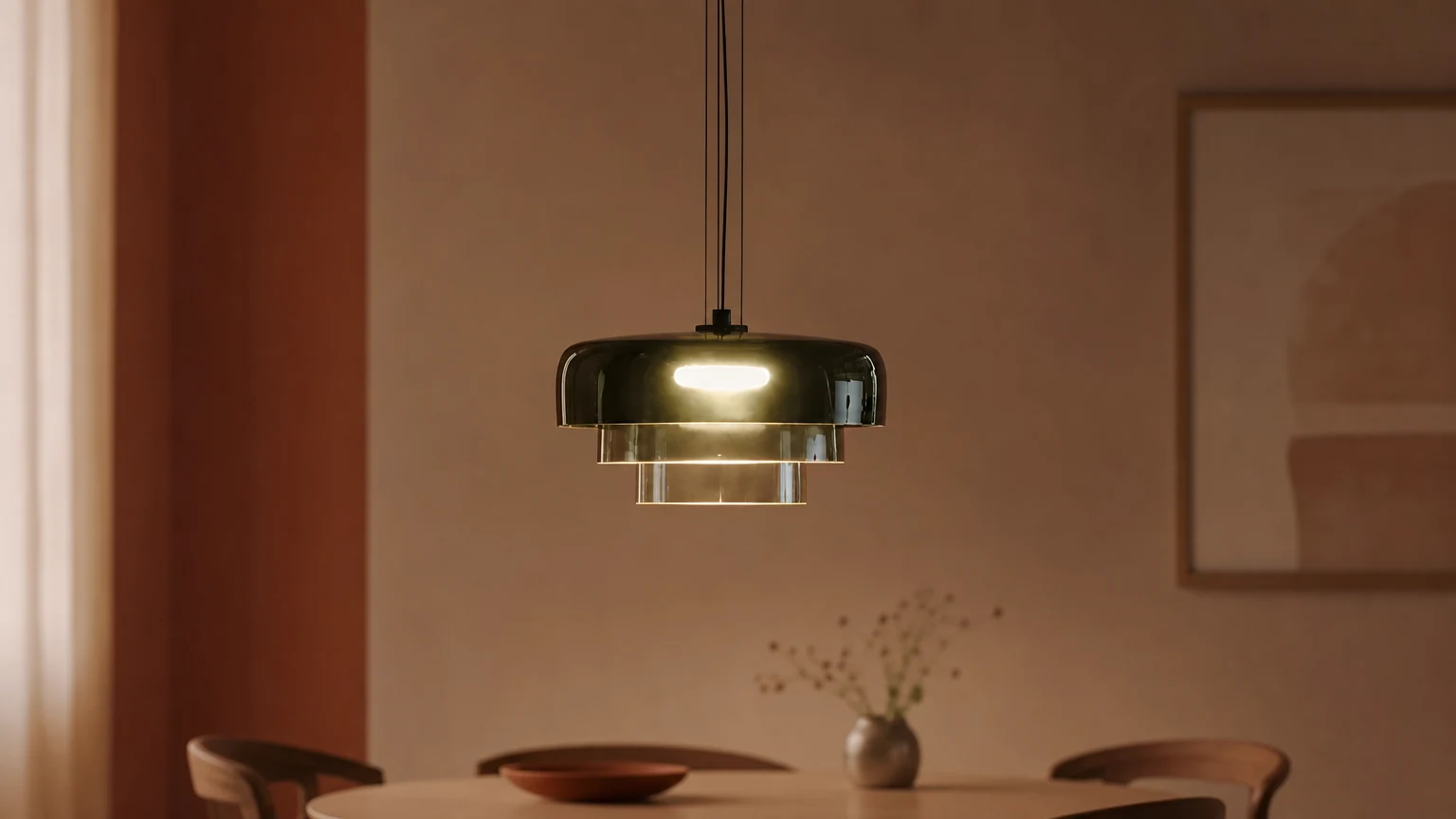 Nordisk Celestial glaspendellampa D908 i en varm inredningsmiljö