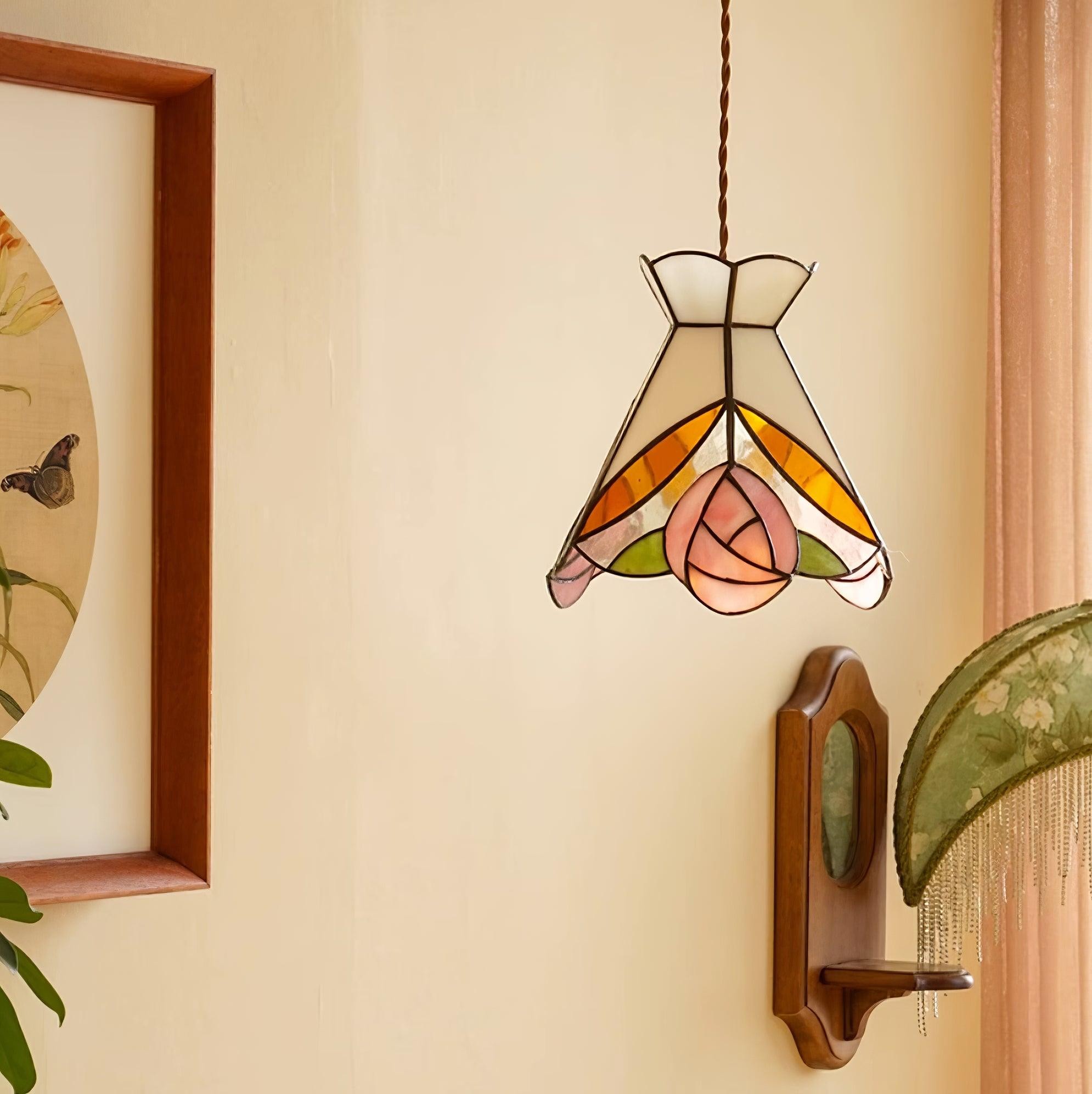 French Retro Rose Stained Glass Pendant Lamp M190