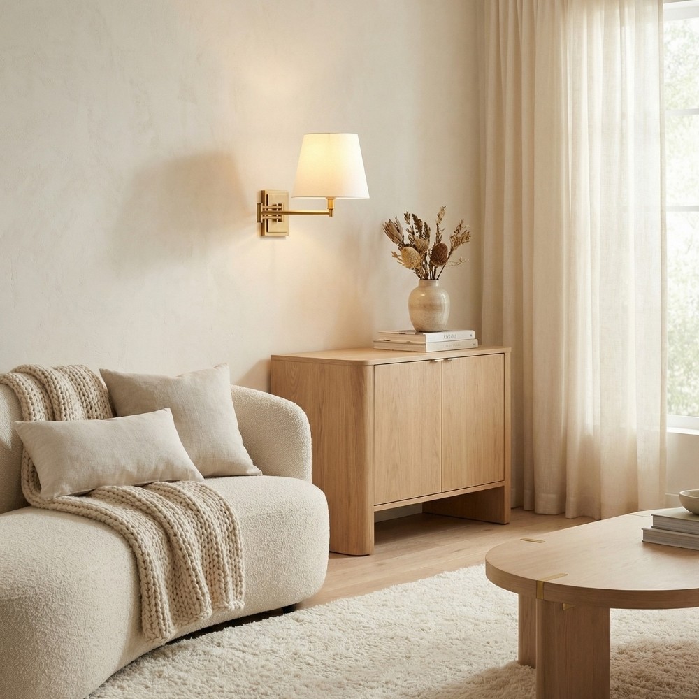 Arcuma Modern Adjustable Arm Wall Sconce with Linen Shade - Contemporary Metal Lighting T498
