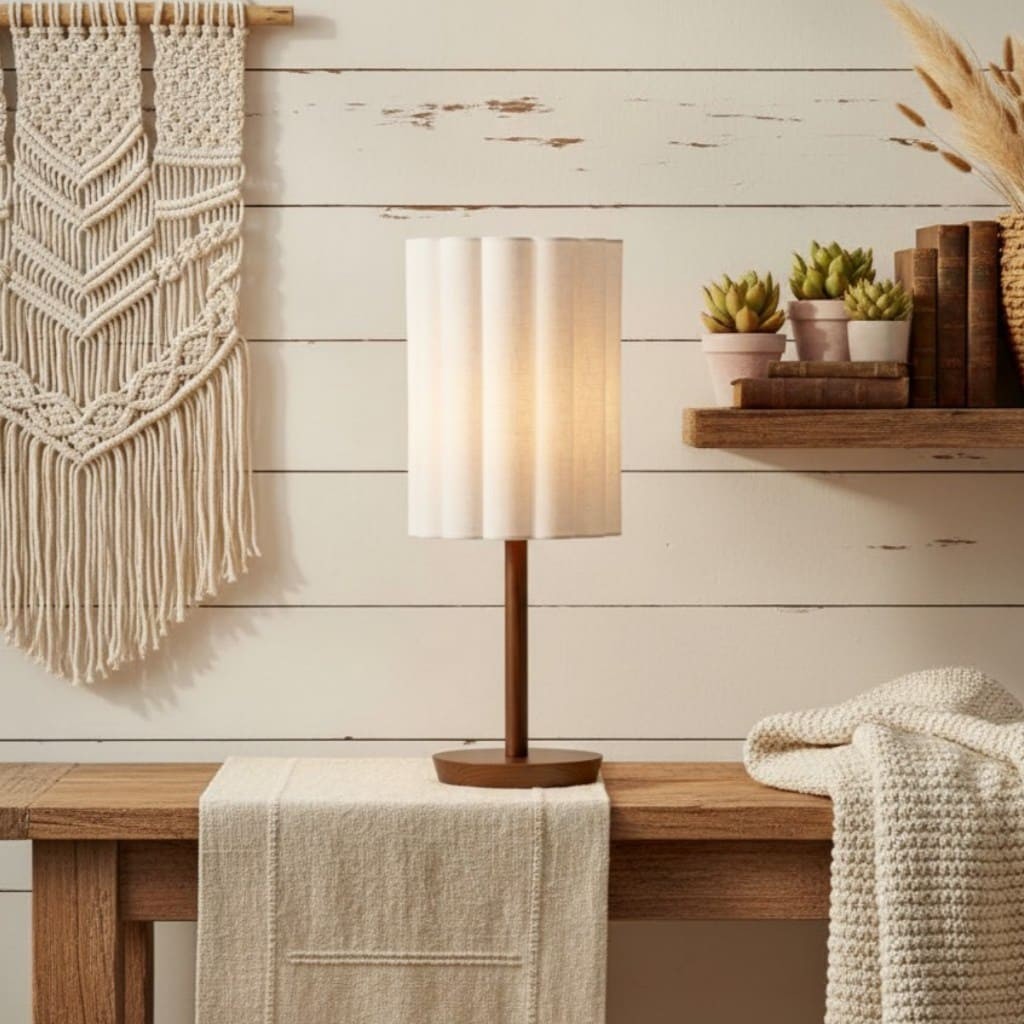 Linbron Modern Fabric Shade Table Lamp with Wood Base - Soft Ambient Lighting for Bedroom or Living Room T647