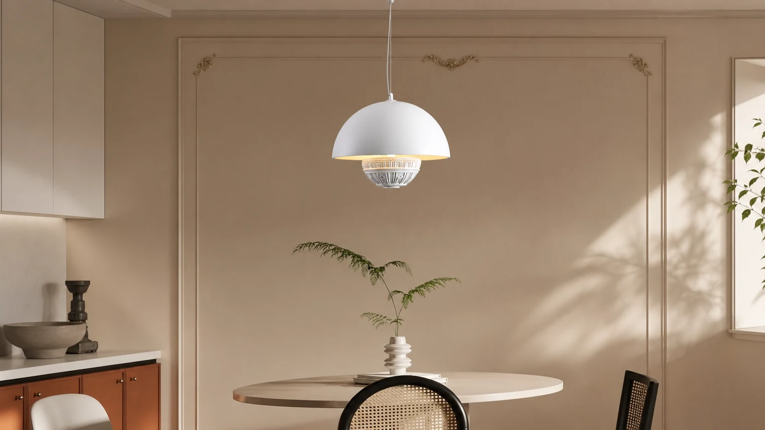 Półokrągła metalowa lampa wisząca M345 w ciepłej atmosferze jadalni