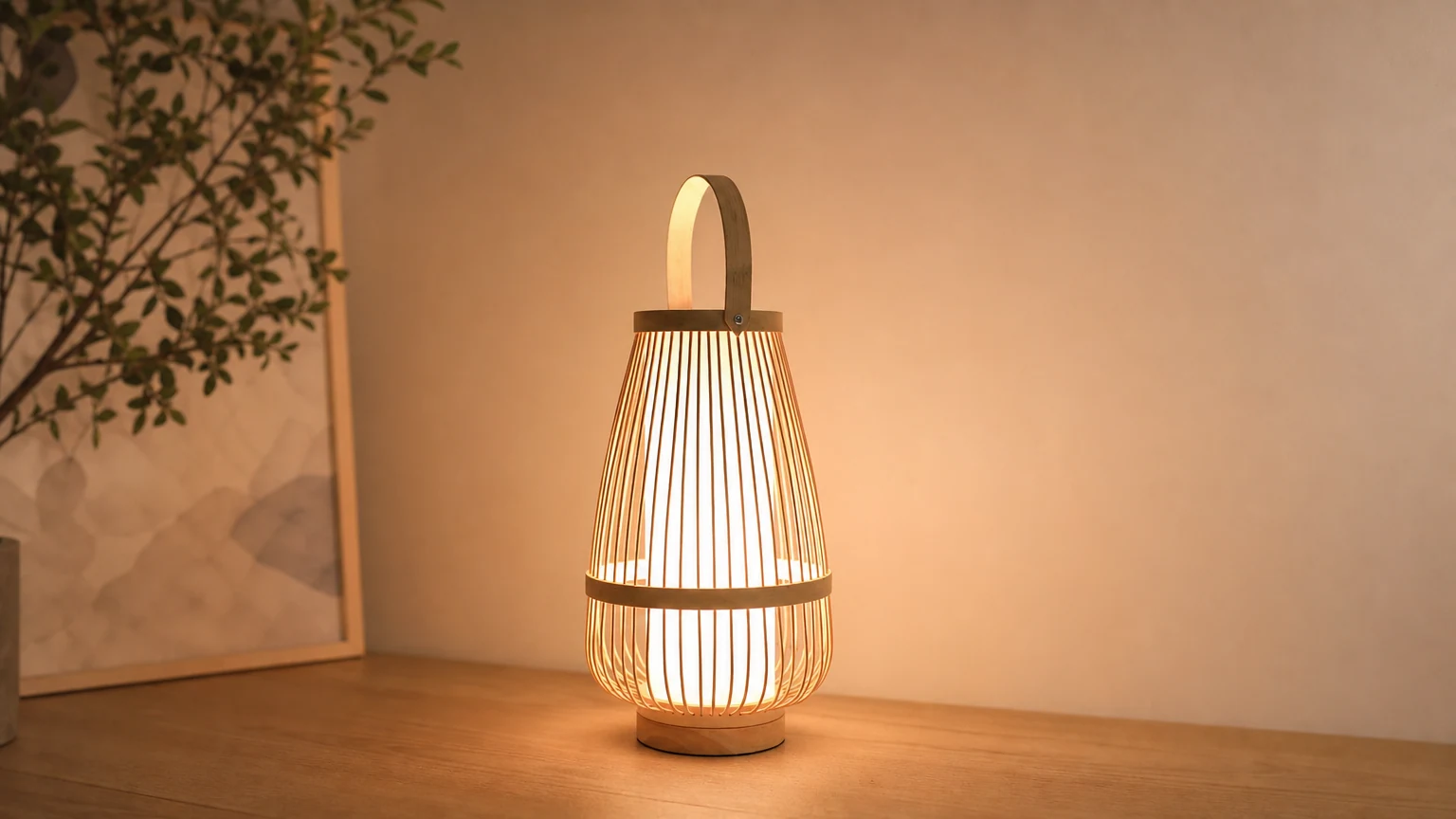 Lampka nocna Tatami Zen Art w ciepłym, poziomym ustawieniu przy łóżku