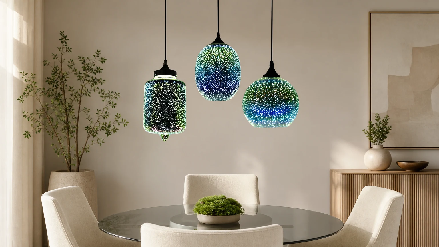 Nowoczesna kolorowa nordycka lampa wisząca 3D w poziomej scenie pomieszczenia
