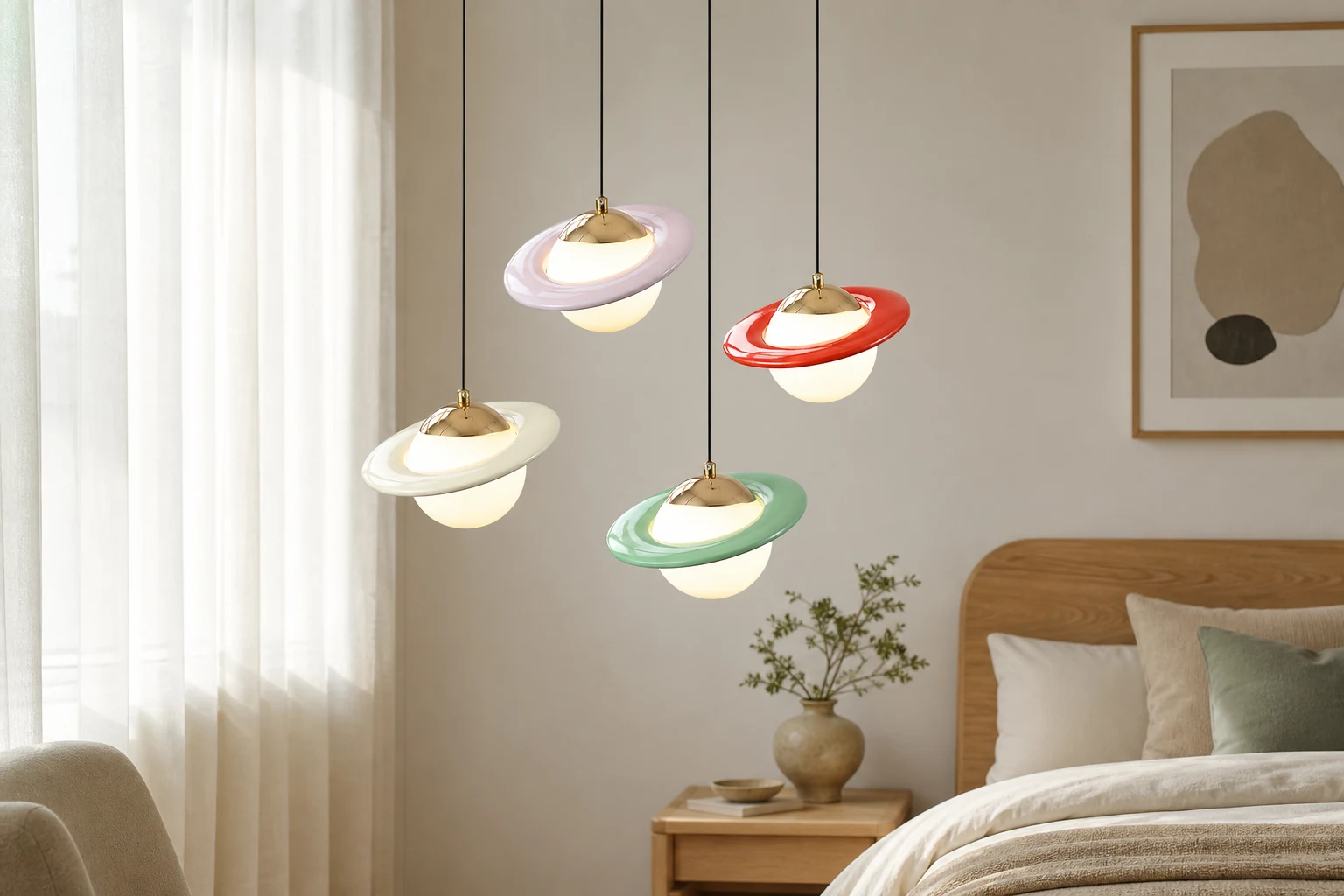 Lampa wisząca Saturn Planet wyświetlana w scenie pokoju lifestylowego
