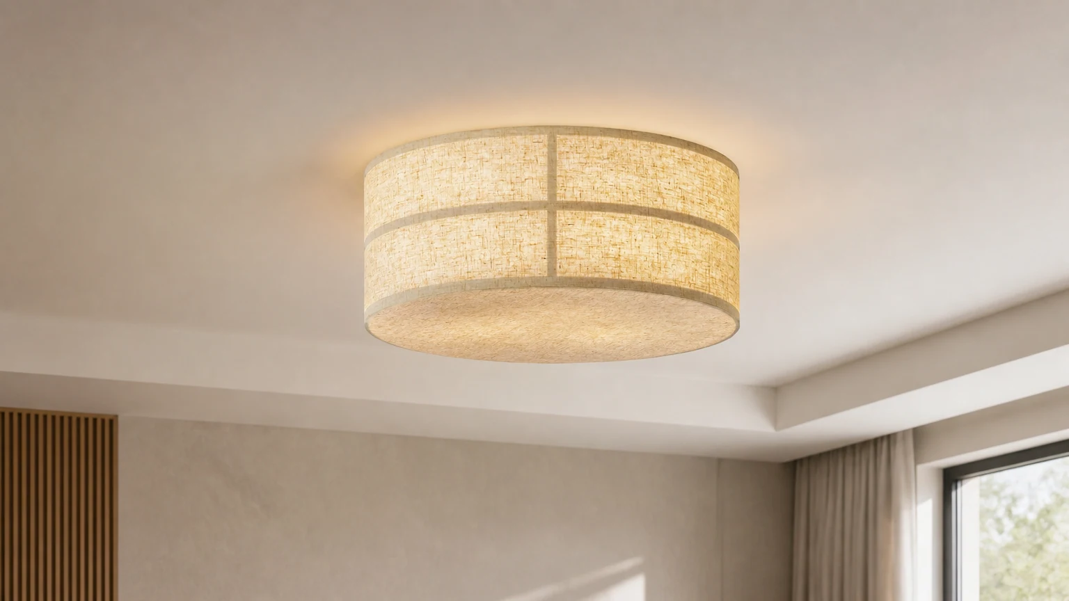 Lampa sufitowa Hashira D758 zamontowana w jednej płaszczyźnie z sufitem z ciepłym lnianym abażurem