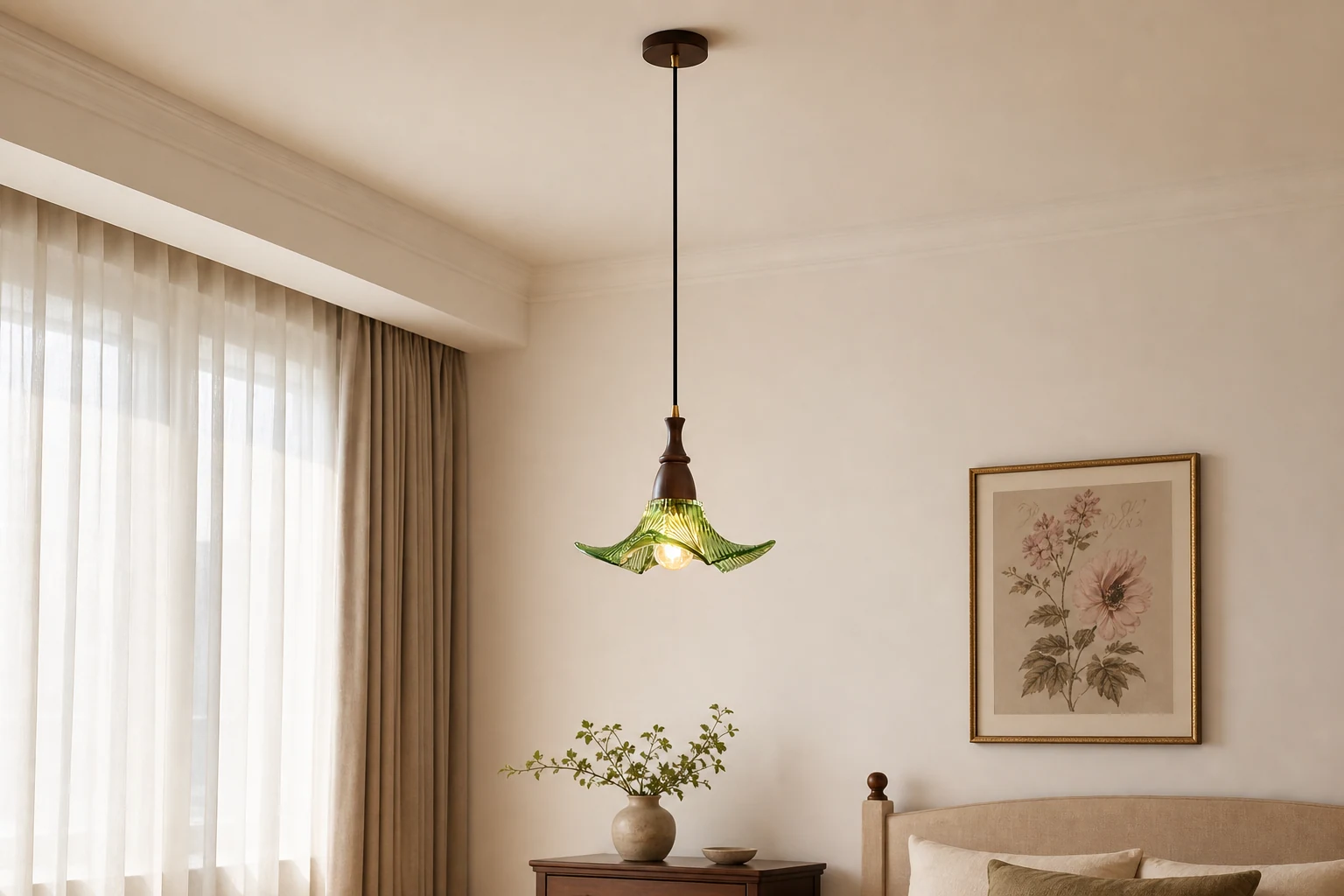 Szklana lampa wisząca Lila pokazana w wystroju pokoju lifestylowego