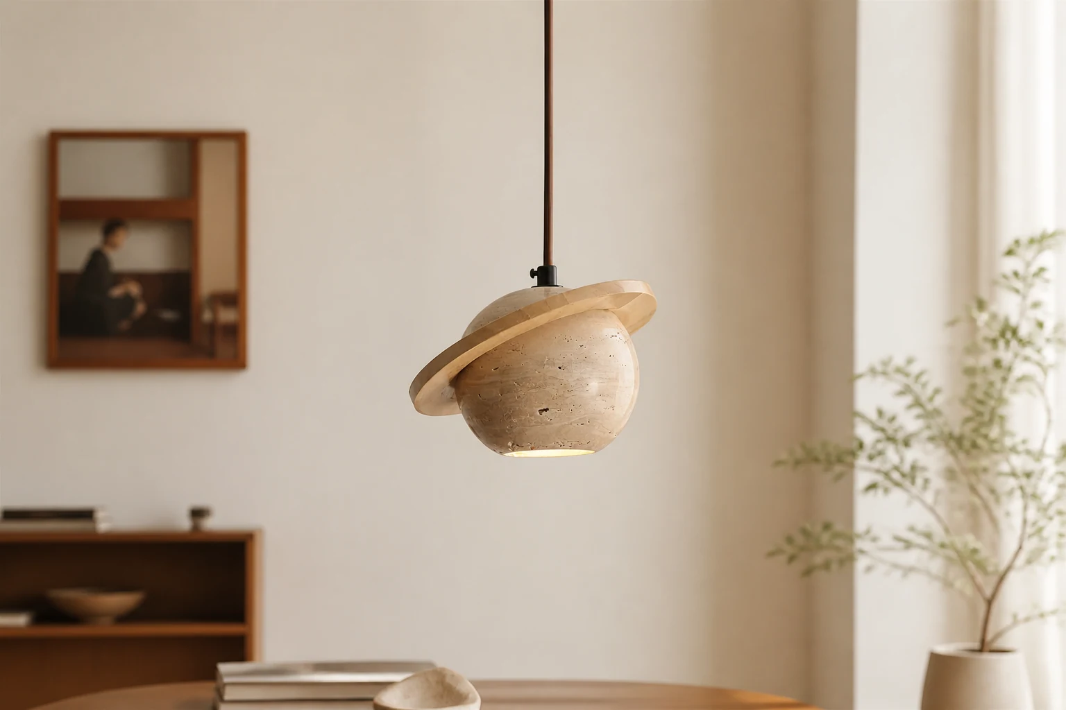 Lampa wisząca Planet Travertine w uzupełniającej scenie wnętrza w stylu lifestylowym