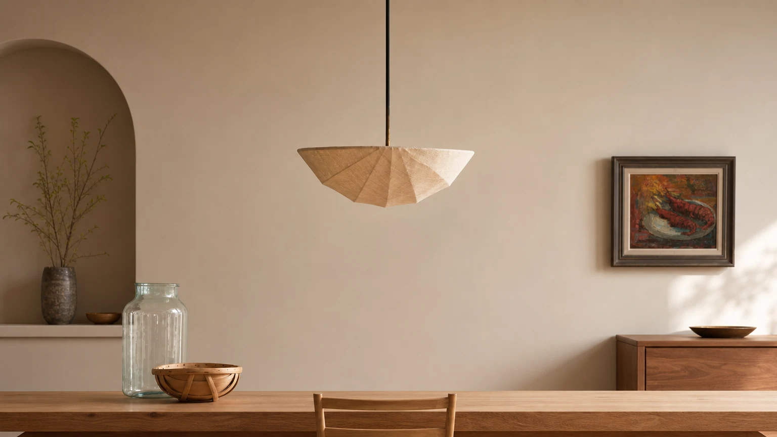 Płócienna lampa sufitowa Wabi-Sabi D783 w ciepłym wnętrzu