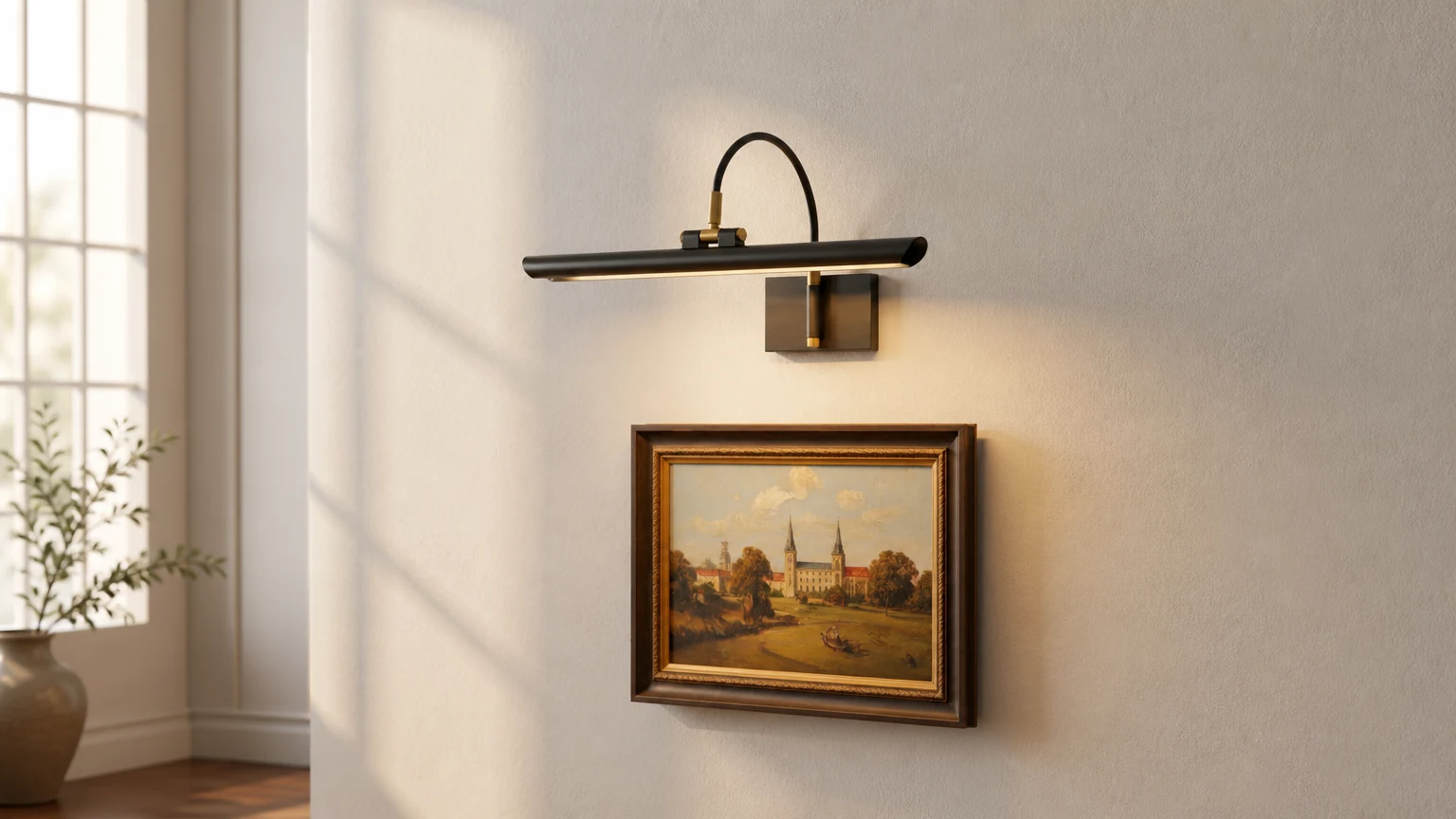 Lampa obrazowa Aurix zainstalowana nad dziełami sztuki w ciepłym pomieszczeniu w stylu galerii