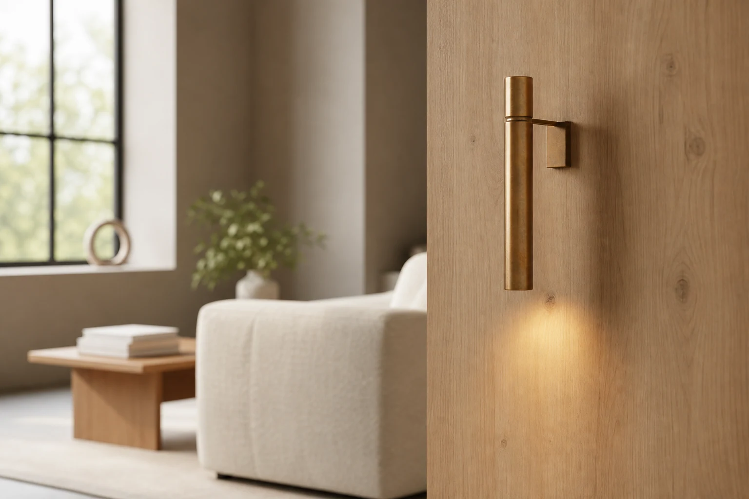 Rurowa mosiężna lampa ścienna w stylizowanej scenie wnętrza