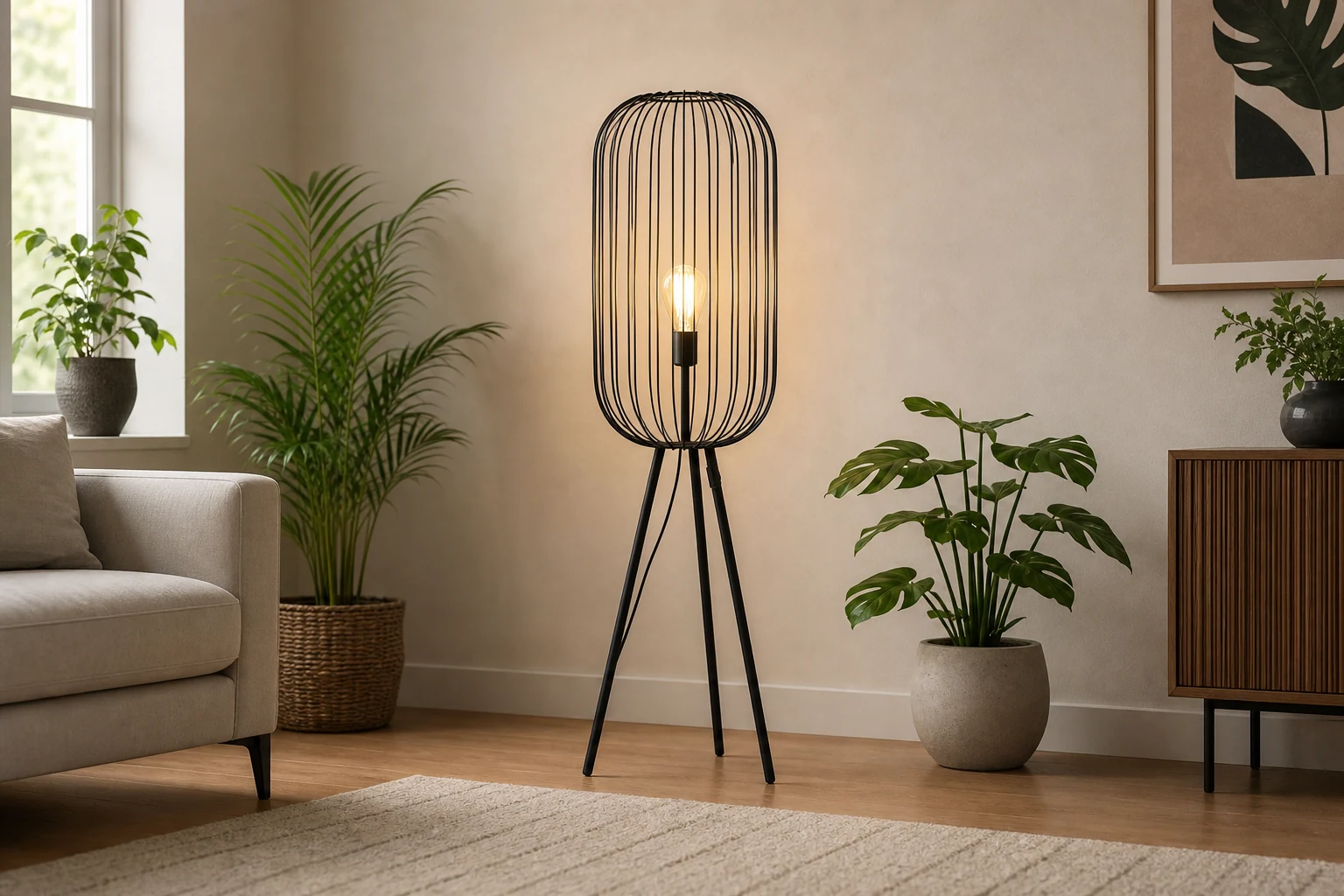 Lifestyle-Szene mit der Stehlampe „Streifenkäfig“.