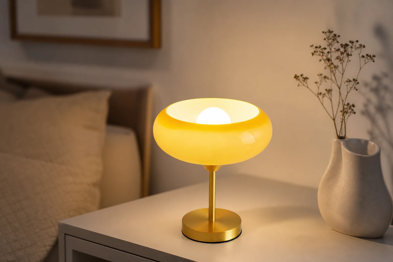 Szklana lampa stołowa Egg Tart w scenie pokoju lifestylowego
