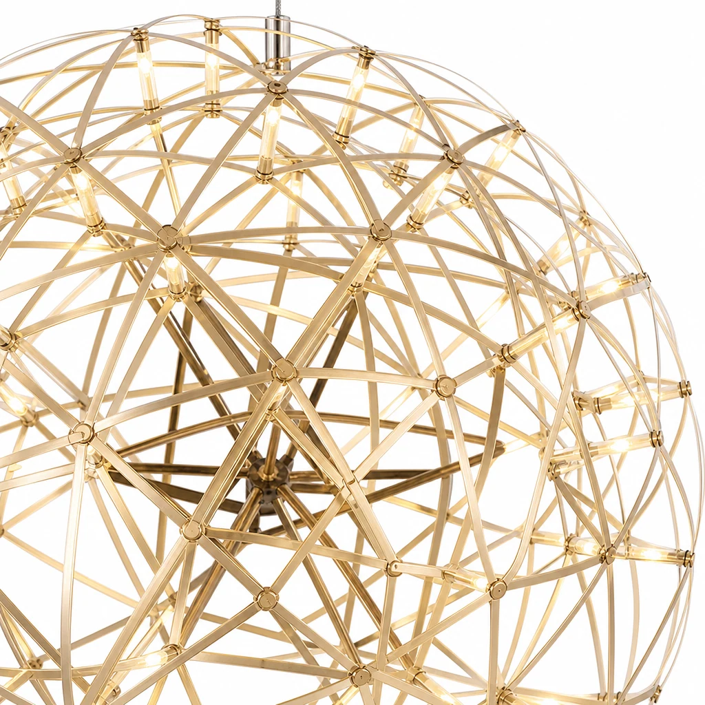 Zbliżenie na gałęzie i punkty LED lampy wiszącej ze stali nierdzewnej Firework Ball