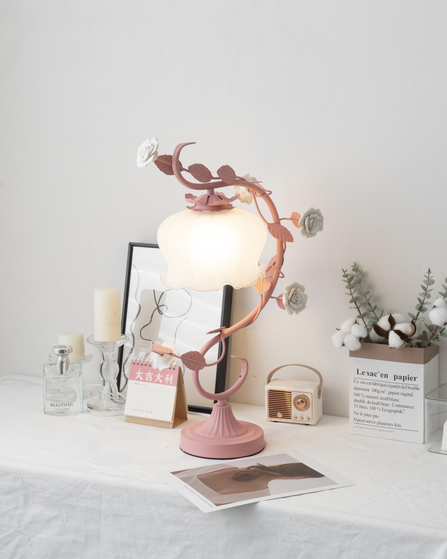 Green Pink White Rose Flower Table Lamp M209