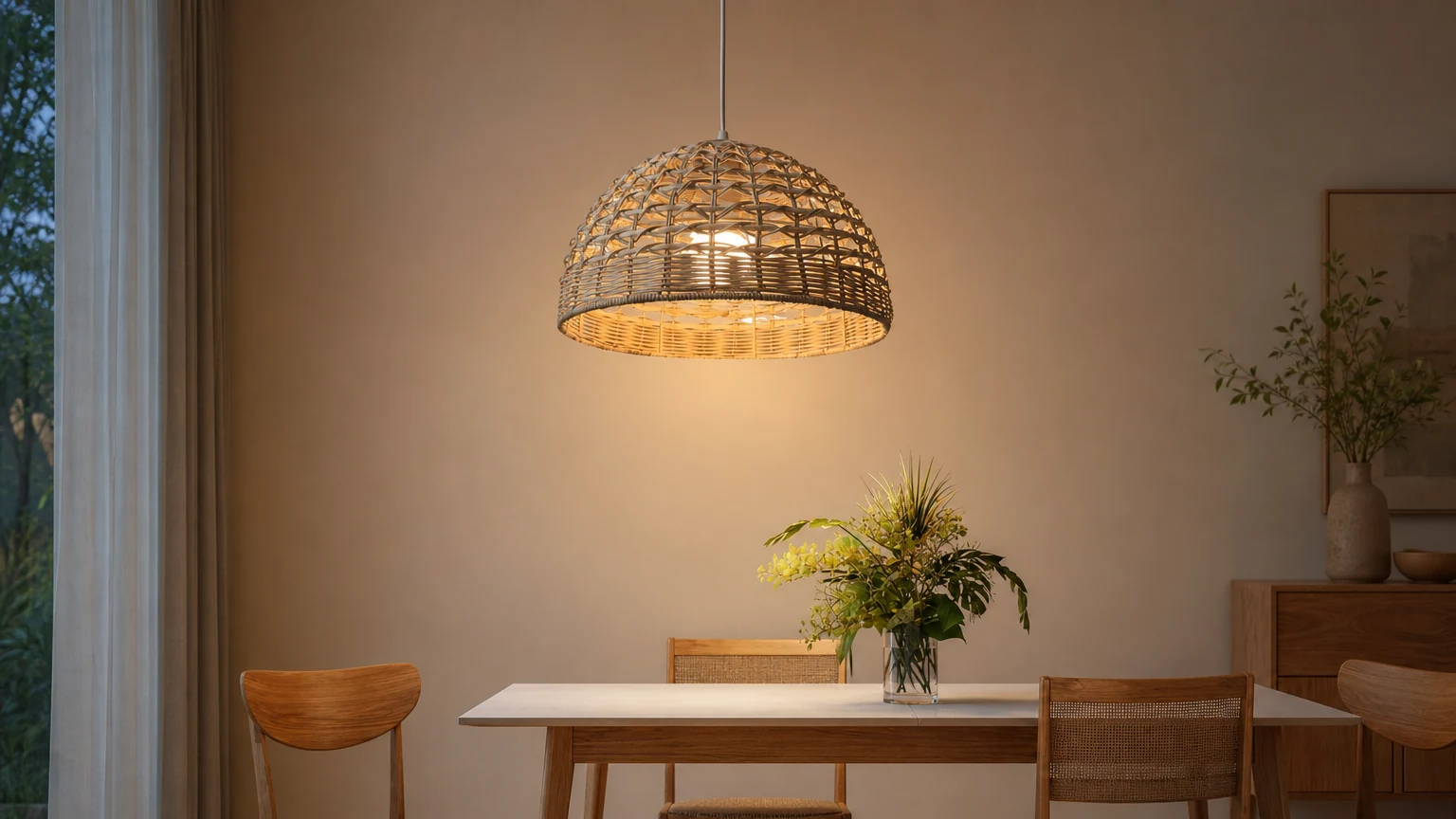 Nowoczesna bambusowa lampa wisząca Enlightenment D901 w ciepłej scenerii wnętrza