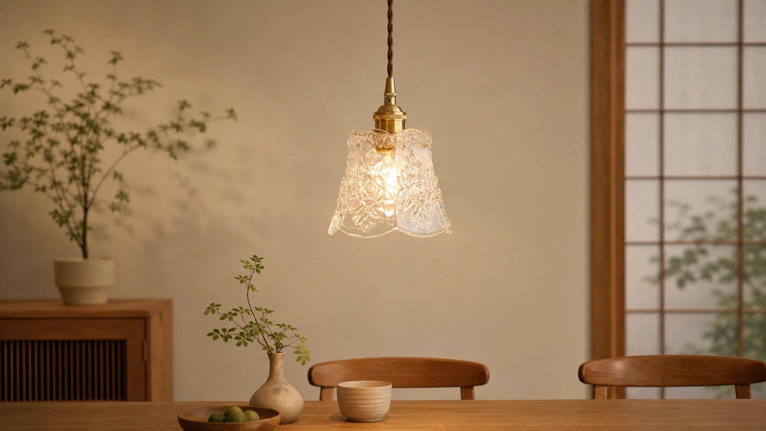 Inspirowana kuchnią japońską ceramiczna lampa wisząca z mosiądzu i szkła orzechowego T260 w jadalni