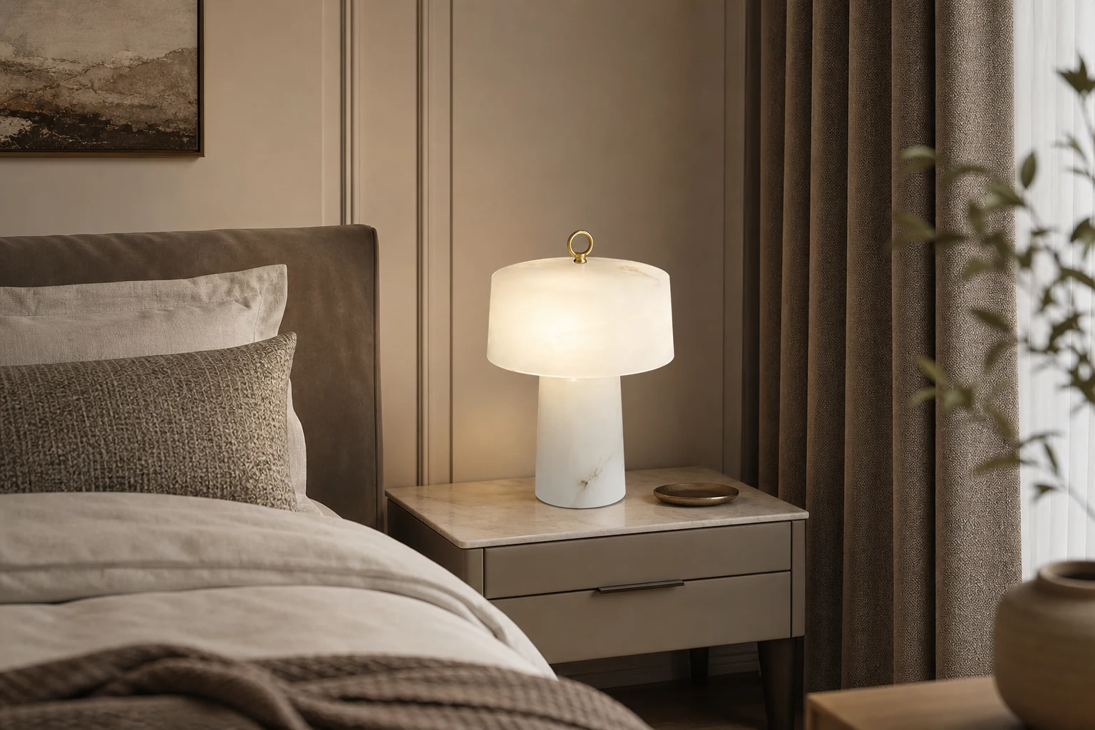 Lampa stołowa M583 pokazana w ciepłym, lifestylowym wnętrzu