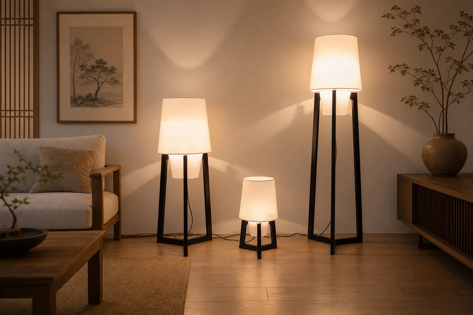 Lampa podłogowa M150 w spokojnym, lifestylowym pomieszczeniu