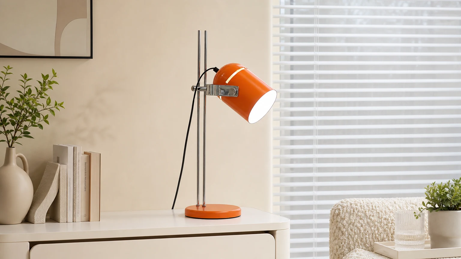 Regulowana podnoszona lampa biurkowa D370 w stylowej scenie na biurku