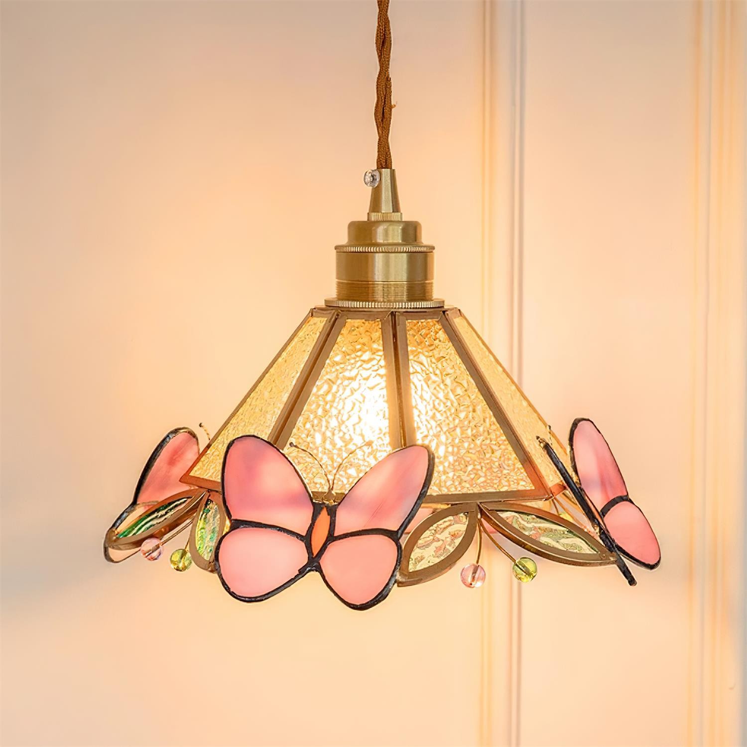 French Retro Glass Pink Butterfly Pendant Lamp M219