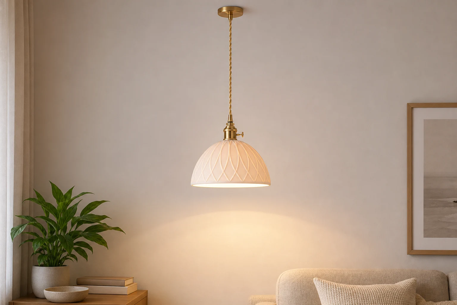 Ceramiczna mosiężna lampa wisząca z widokiem na pokój w stylu lifestyle