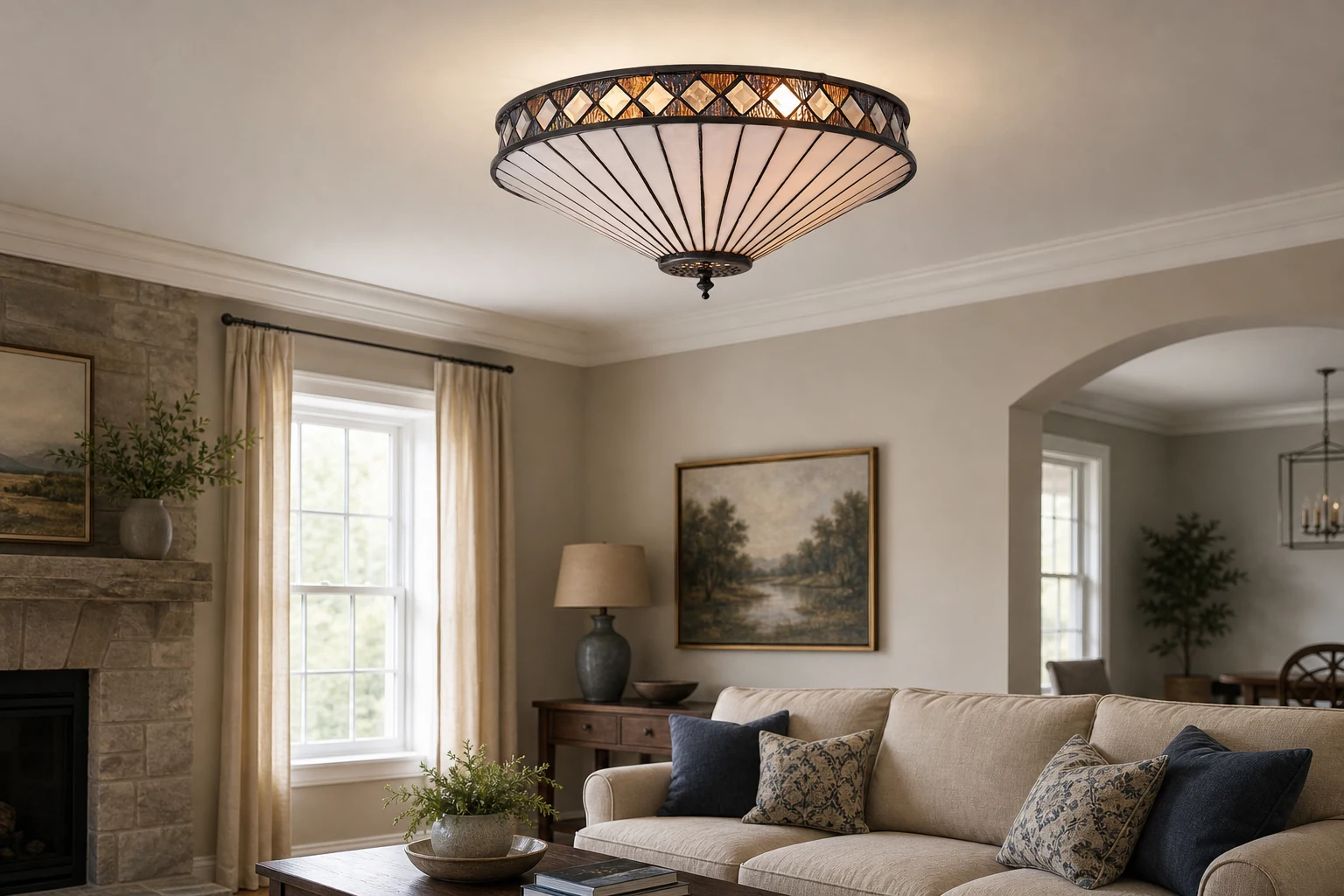Lampa sufitowa Fargo Tiffany pokazana w pomieszczeniu lifestylowym osadzonym w kontekście produktu