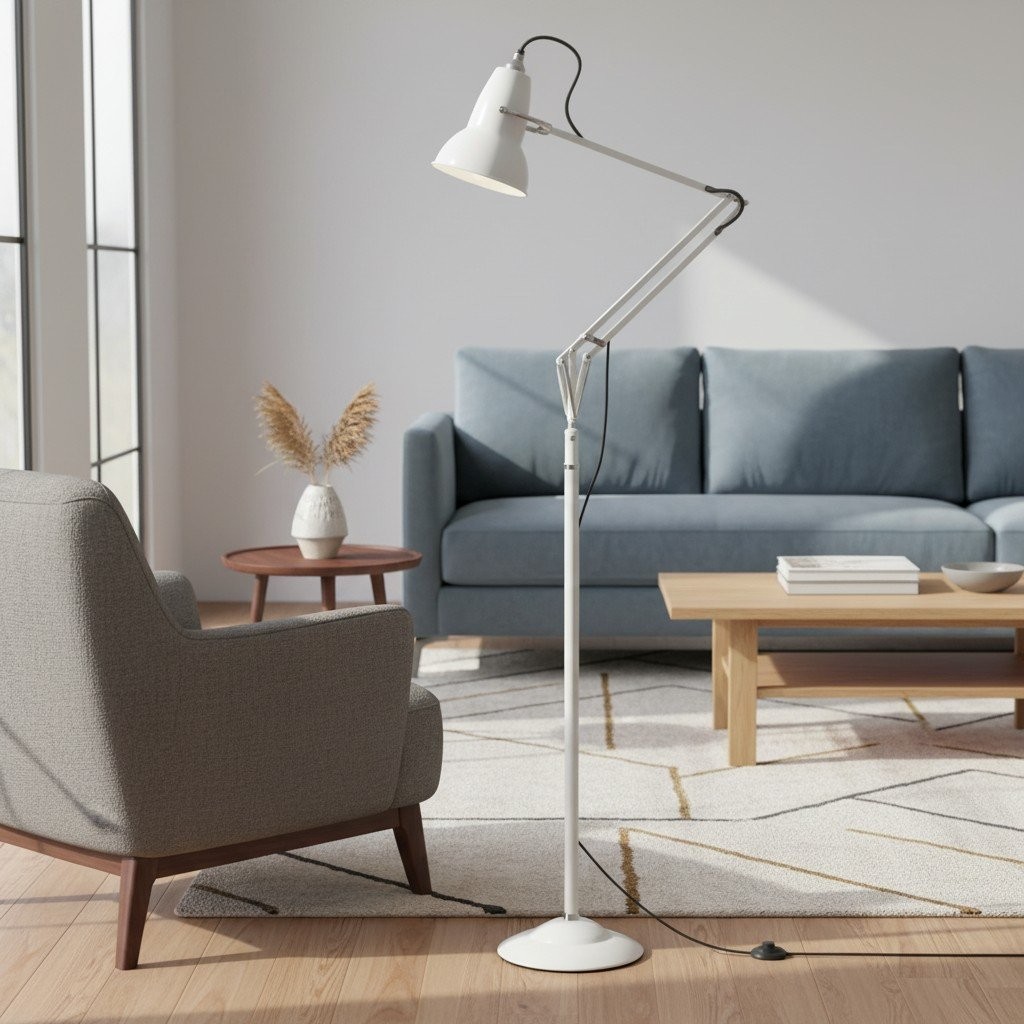 Vit Modryx golvlampa bredvid en soffa