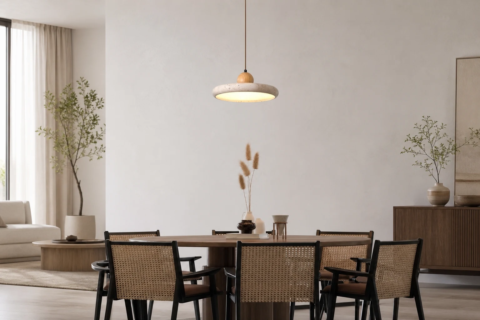 Lampa wisząca M241 z drewna i trawertynu w ciepłym, lifestylowym pomieszczeniu