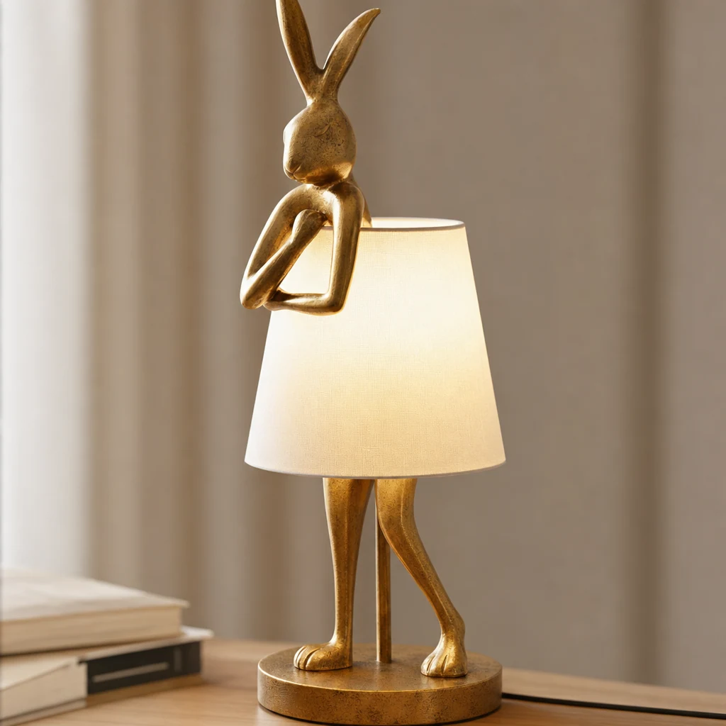 Zbliżenie klosza lampy stołowej Chester Rabbit D575 i rzeźbionego korpusu