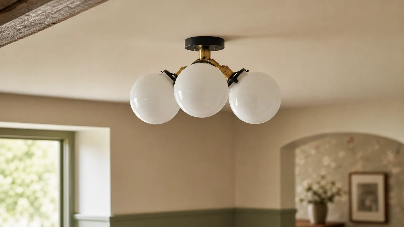Półpłaska lampa sufitowa Glorica ze szklaną kulą w pomieszczeniu