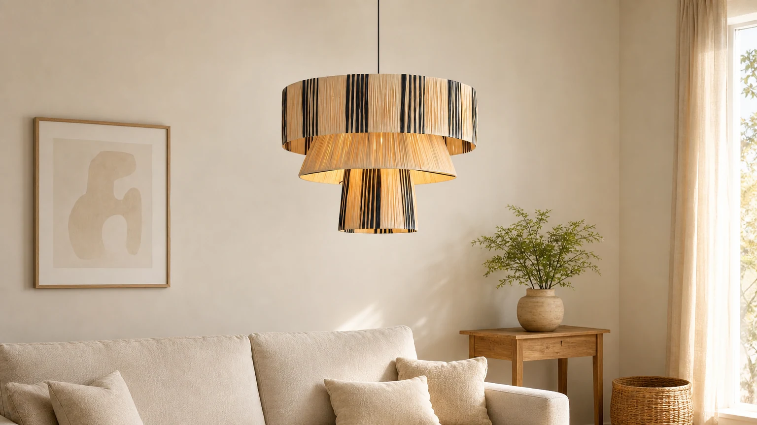 Lampa wisząca Hiroshi z poziomą sceną bohatera wnętrza