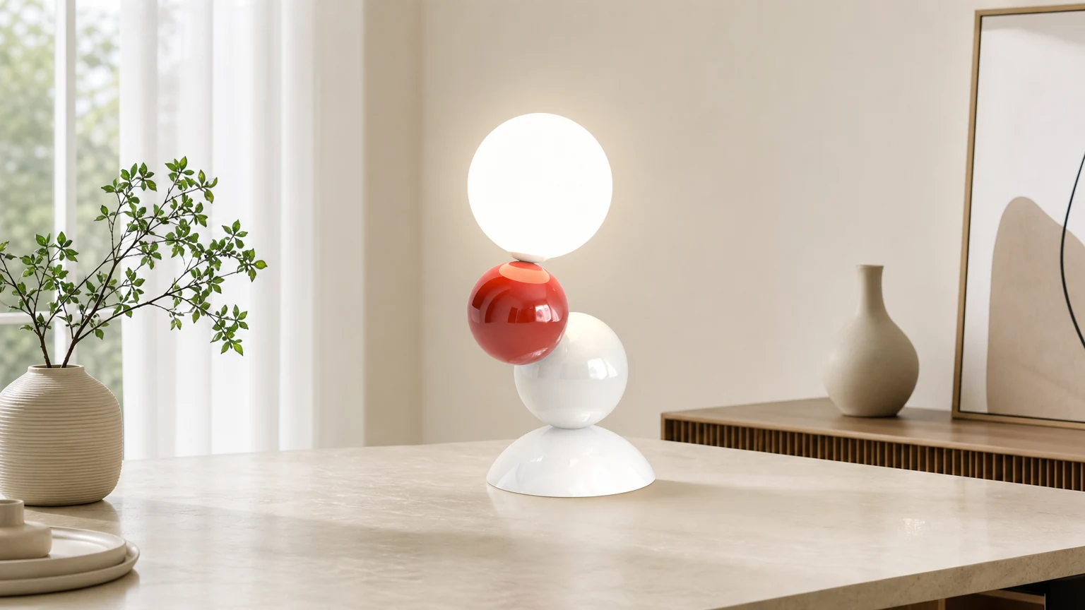 Kolorowa akrylowa lampa stołowa w kształcie kulki M203 w poziomej scenie pomieszczenia