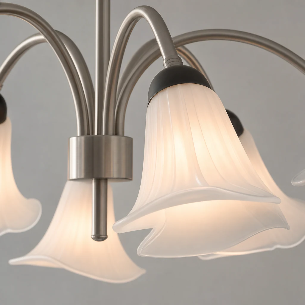 Zbliżenie na ceramiczny klosz i metalową konstrukcję żyrandola Vellina Petal