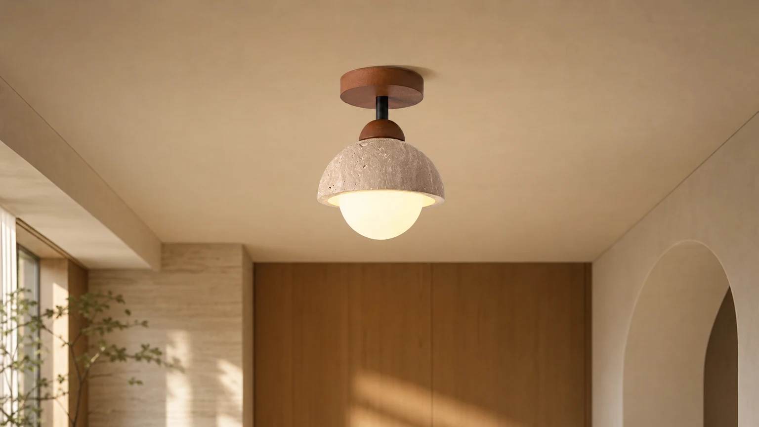 Vintage trawertynowa lampa sufitowa M266 zainstalowana w ciepłym wnętrzu