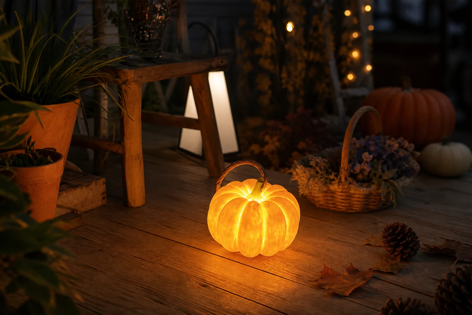 Lampa stołowa z żywicy dyniowej stylizowana na Halloweenową scenę lifestylową