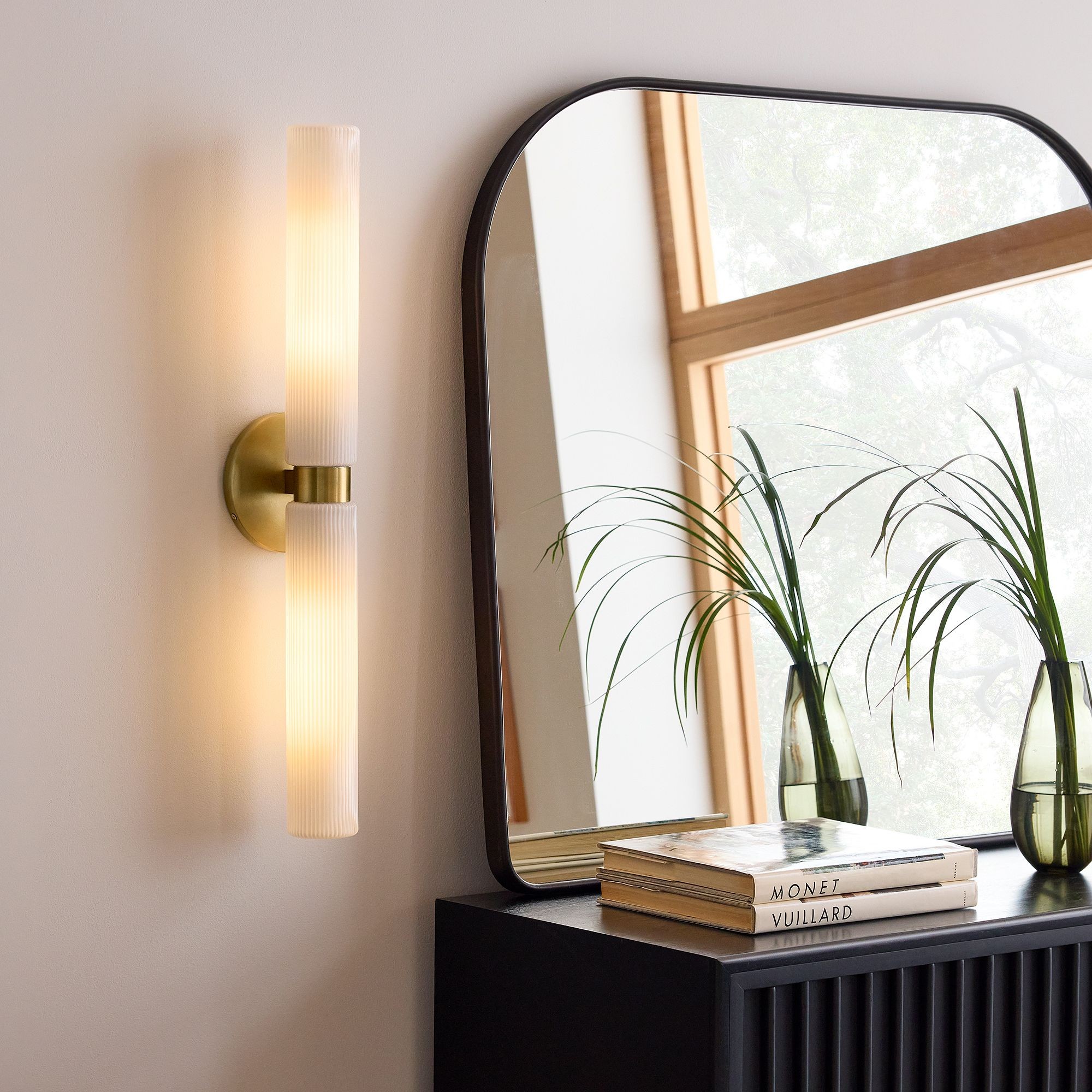 Rivora Modern Fluted Glass Wall Light - Double Short Indoor Outdoor Sconce T168