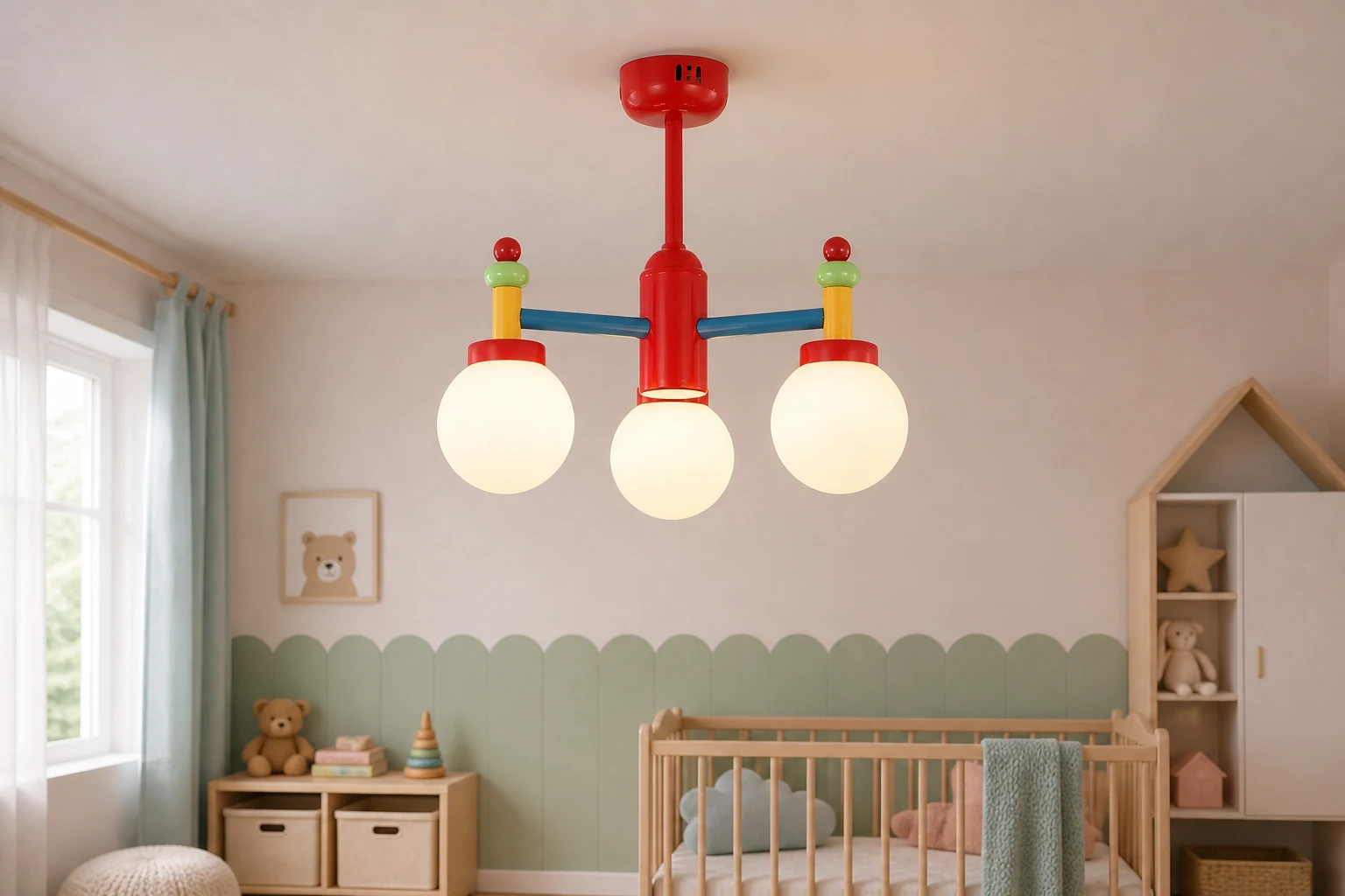 Lifestyle scene showing the Macaron chandelier in a decorated children's space