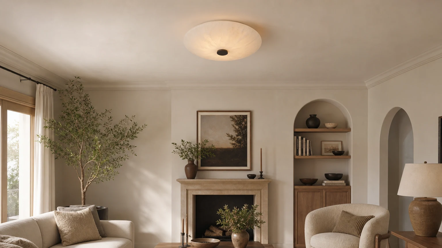 Lampa sufitowa Ankeny Alabaster D404 w ciepłej scenie wnętrza
