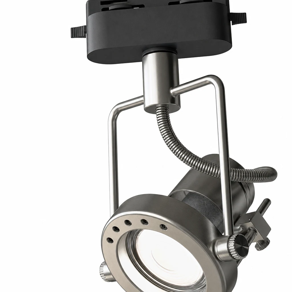 Bliskie szczegóły metalowej obudowy Lucide Industrial Track Lights D695 i szklanego klosza