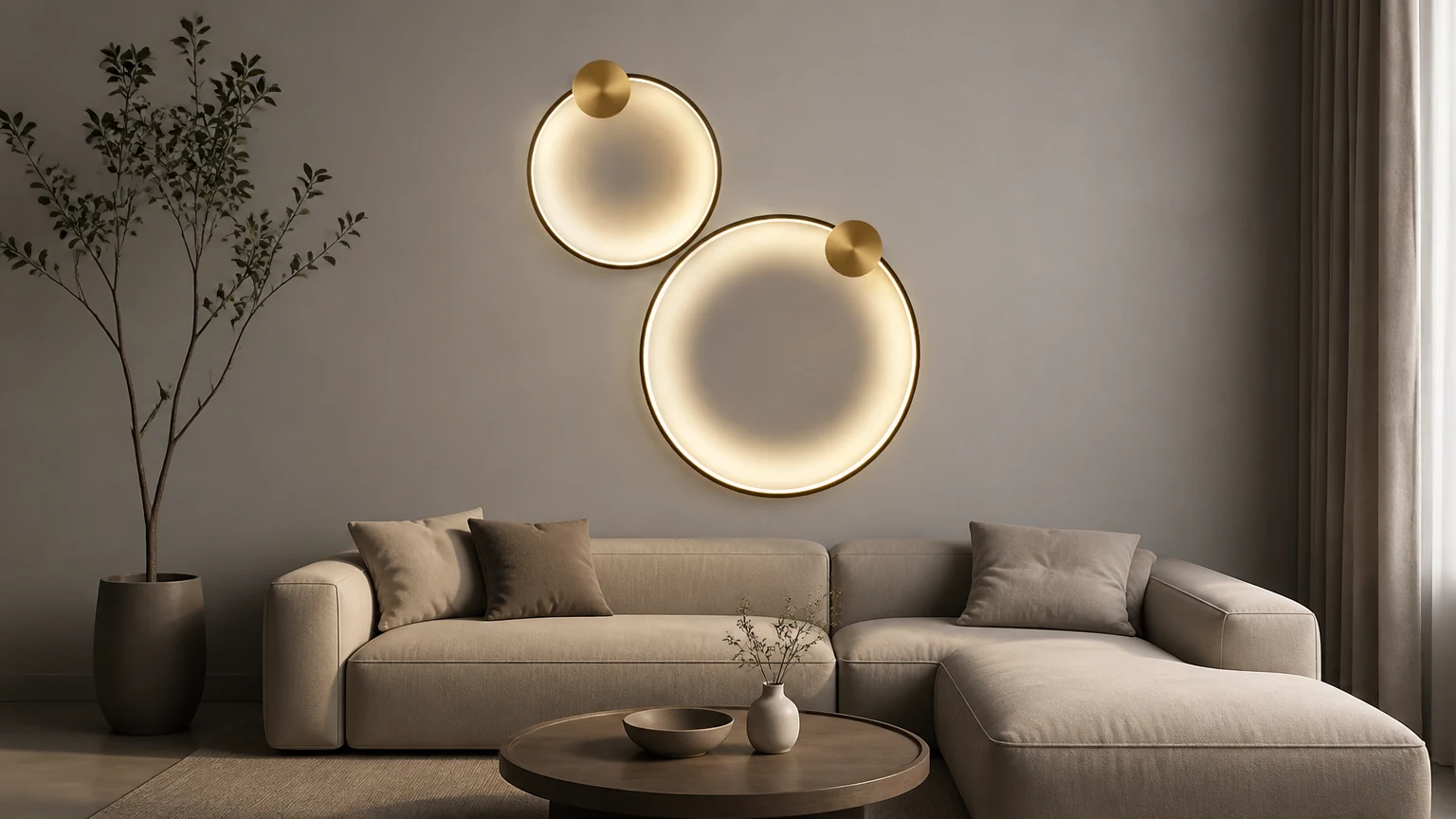 Minimalistyczna mosiężna okrągła lampa ścienna LED zainstalowana w ciepłej scenerii wnętrza