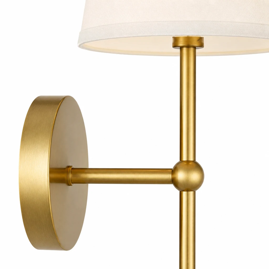 Zbliżenie na detale w złotym wykończeniu i białym kloszu kinkietu G21