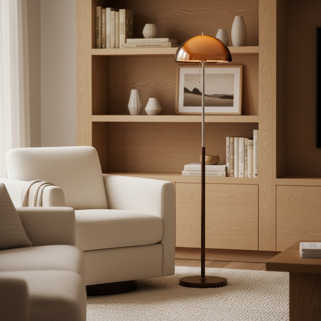 Lámpara de pie Afterglow en una habitación cálida con silla y estantería.