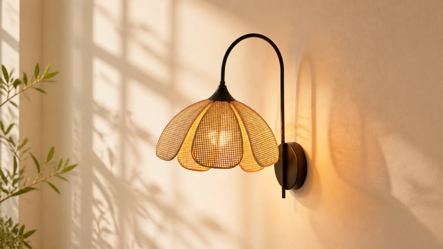 Rattanowy kinkiet Petal M28 zainstalowany w ciepłej scenerii wnętrza
