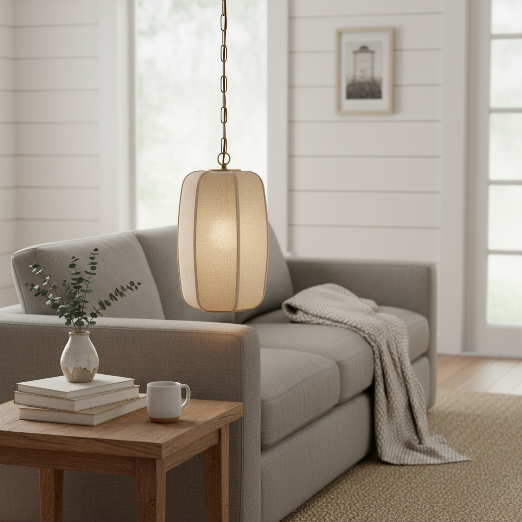 Loomis Tall Pendant - Textured Linen Shade Aged Brass Ceiling Light for Dining Room and Kitchen T481
