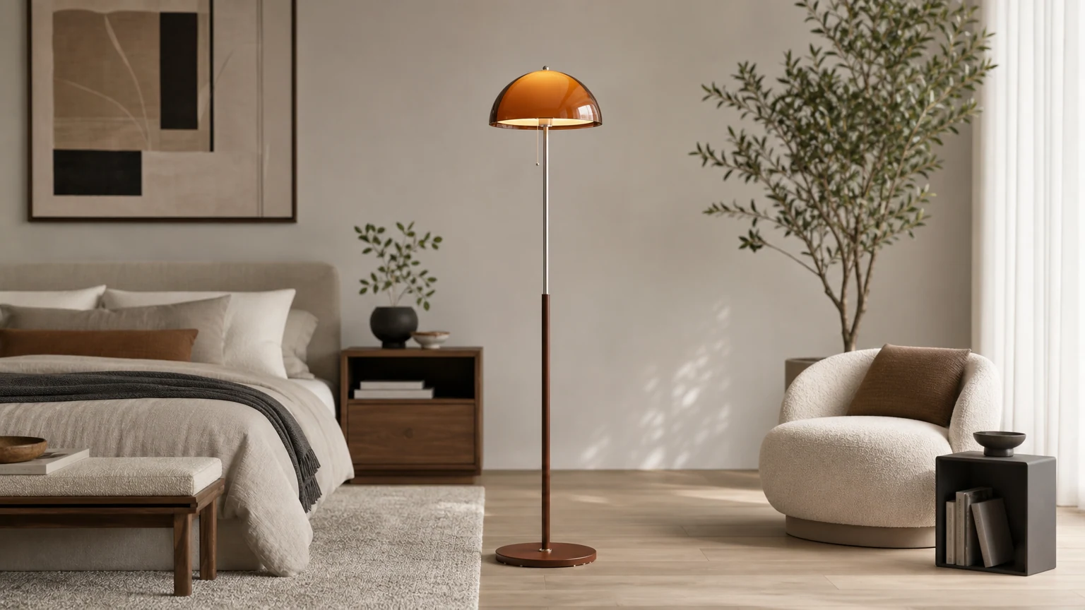 Lámpara de pie moderna Afterglow en un ambiente cálido de dormitorio.
