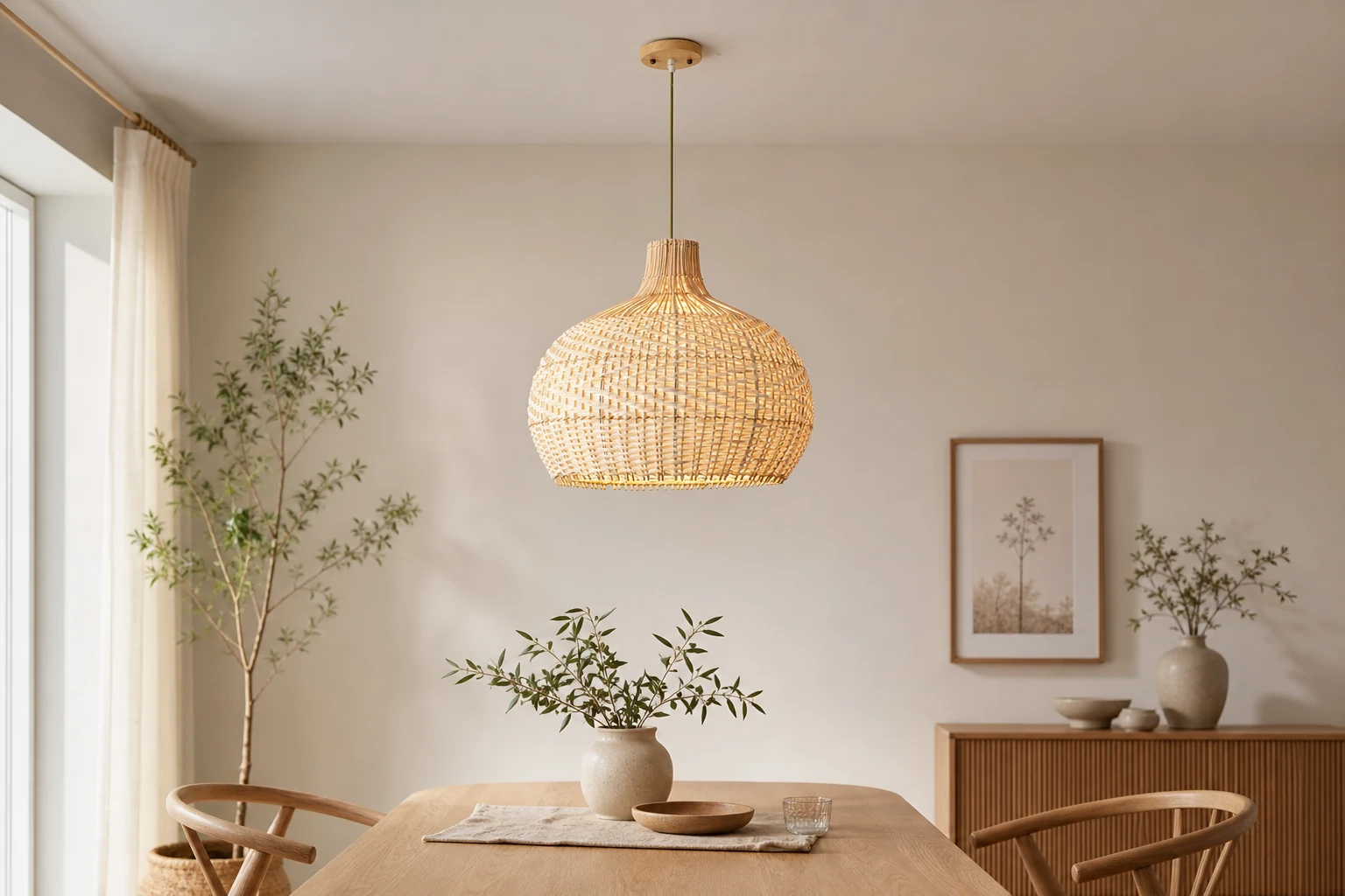 Lampada a sospensione in rattan mostrata in una scena di interni di lifestyle