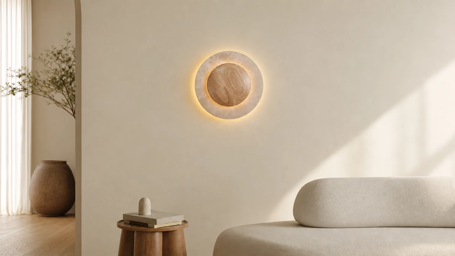 Aplique de pared redondo de madera de travertino D880 instalado en un ambiente interior cálido.